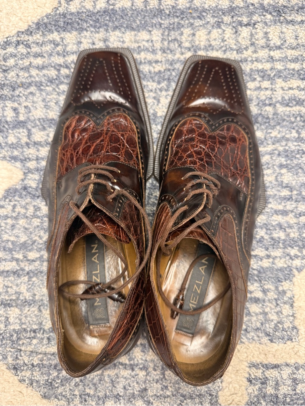 RARE Mezlan Genuine Crocodile Men’s Brown Sqaure Toe Wingtip Oxford Dress shoes